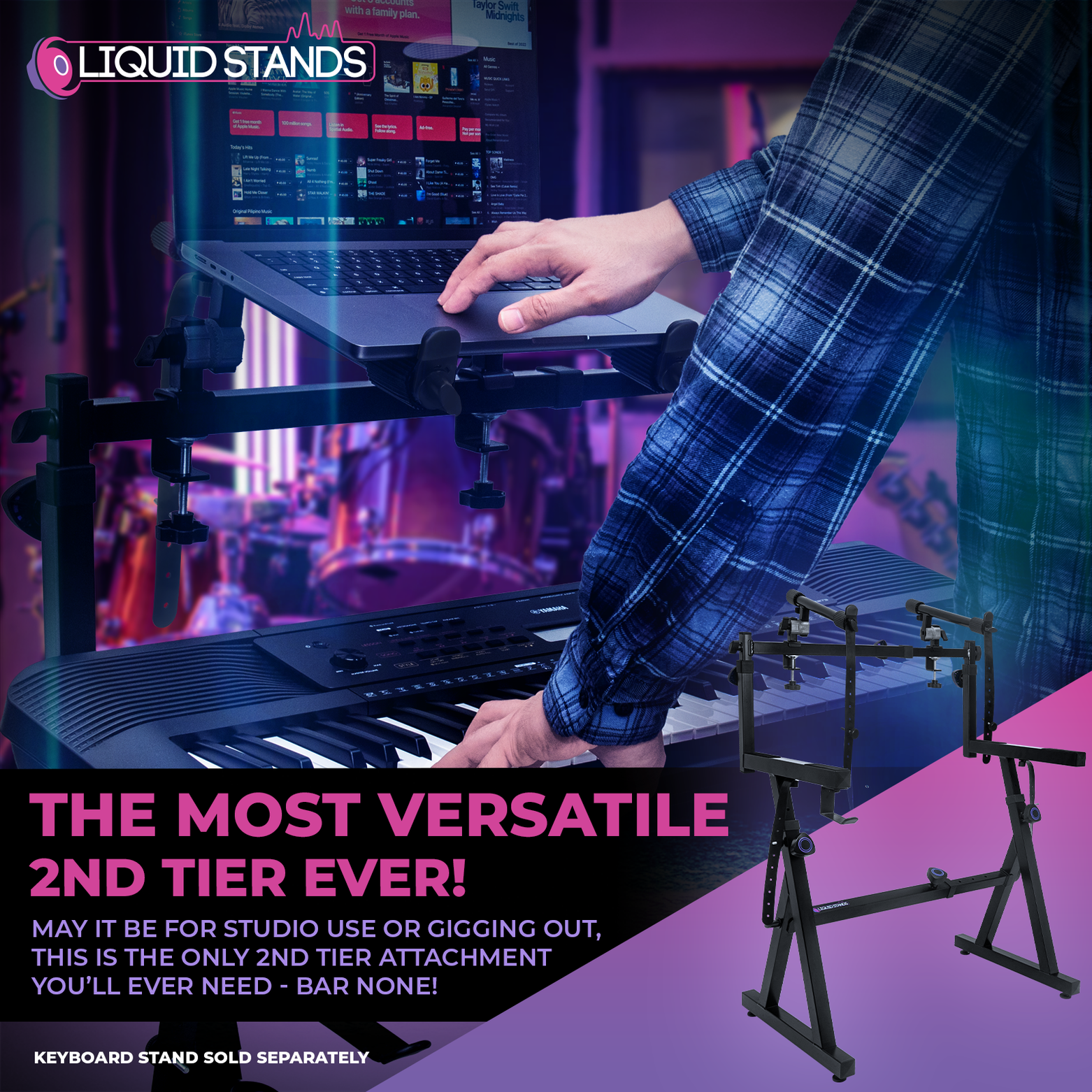 Adjustable 2nd Tier Keyboard Stand Attachment with Straps