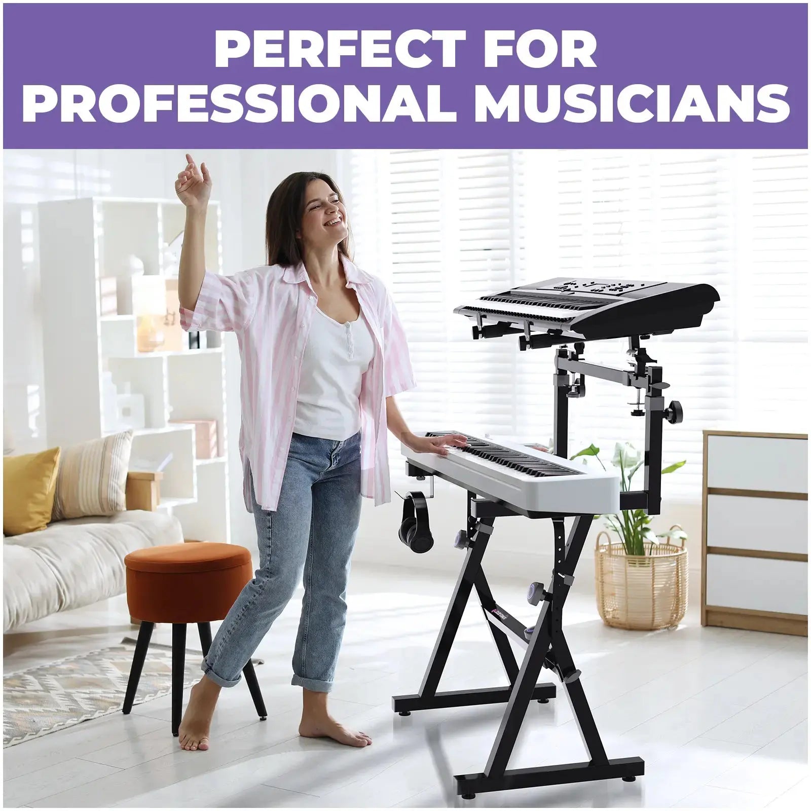 Dual Piano Keyboard Stand with 2nd Tier Adjustable Arms Liquid Stands