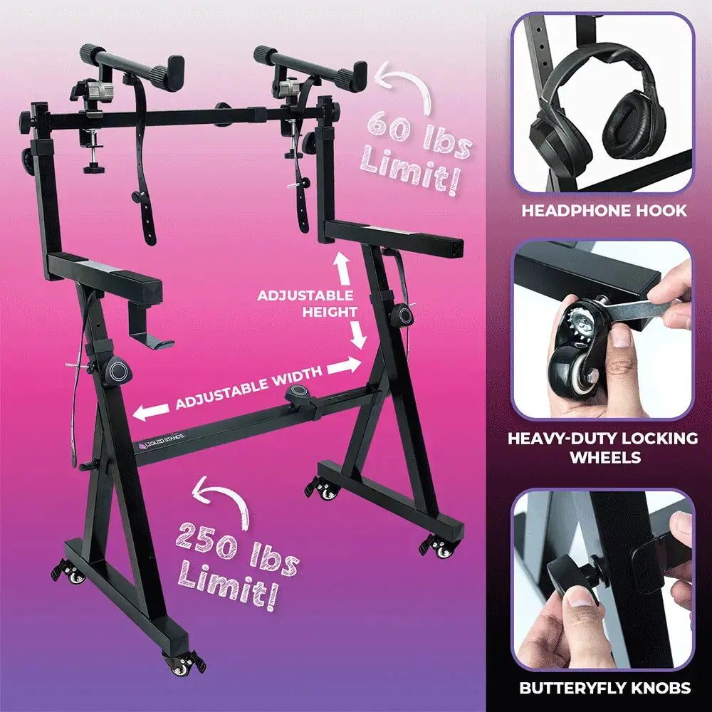Dual Piano Keyboard Stand w/ Wheels and 2nd Tier - Rolling Z Style Adj ...