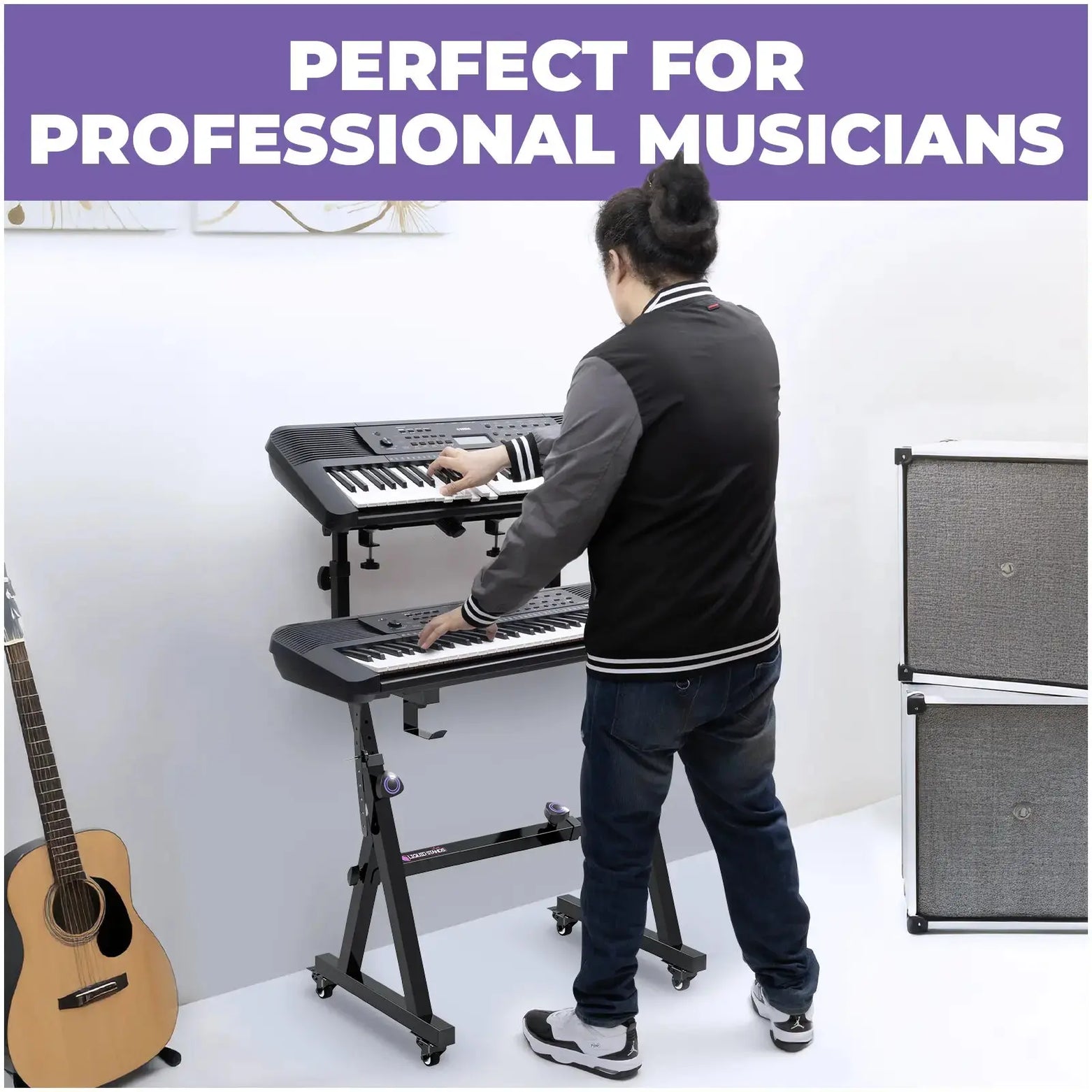 Dual Piano Keyboard Stand w/ Wheels and 2nd Tier - Rolling Z Style Adjustable Liquid Stands