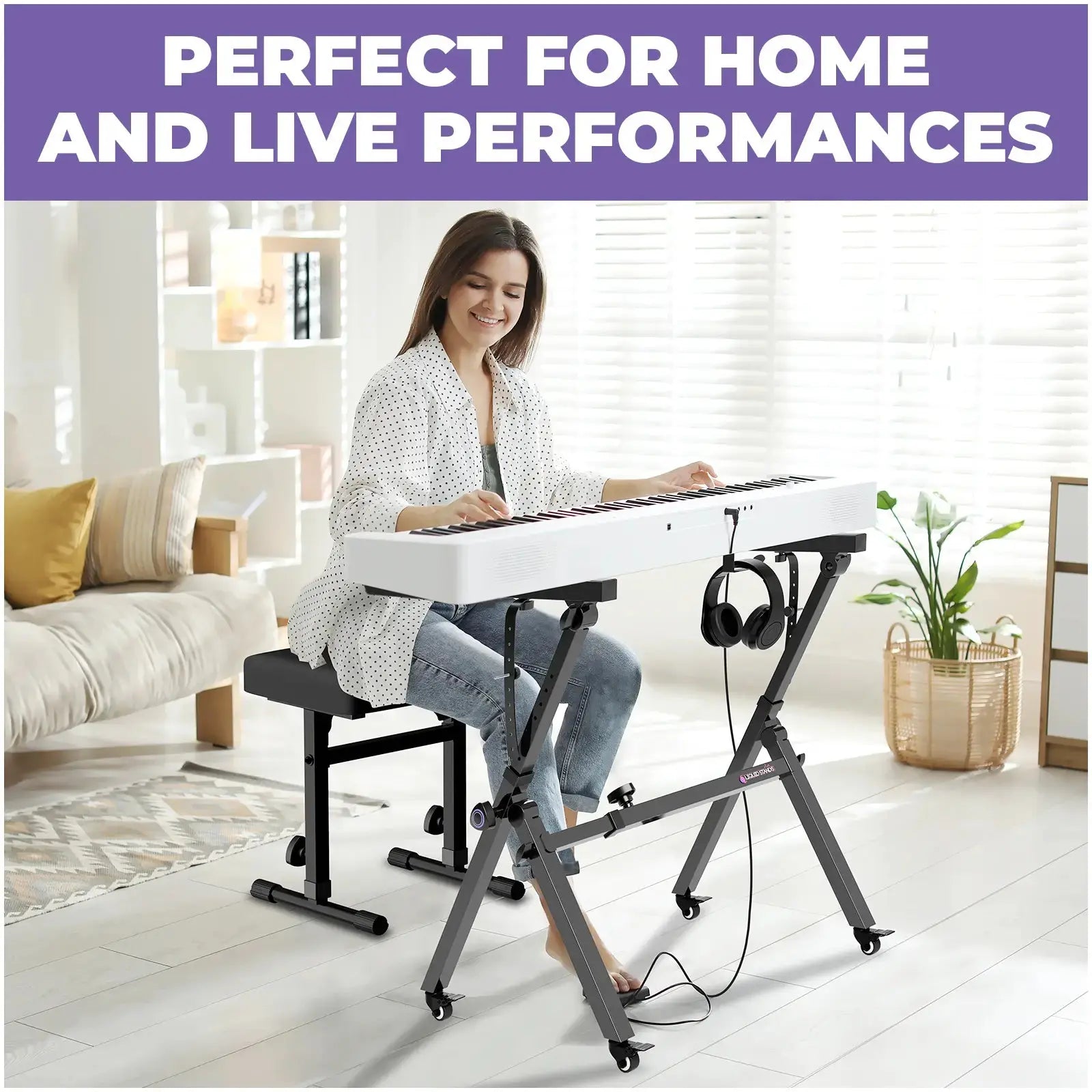 Foldable Piano Keyboard Stand w/ Wheels and Bench Set Liquid Stands