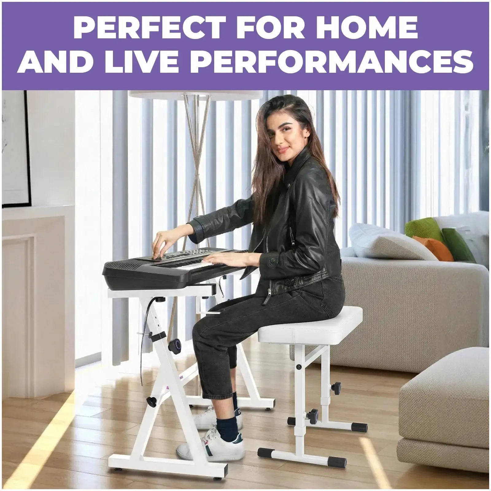 Adjustable White Z Style Keyboard Stand and White Keyboard bench Liquid Stands