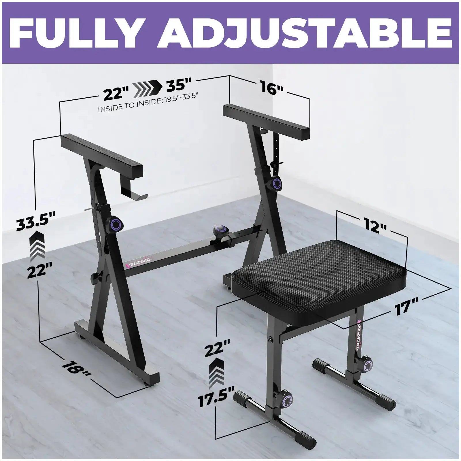Black Adjustable Z Style Keyboard Stand w/ Mesh Cushion Bench Liquid Stands