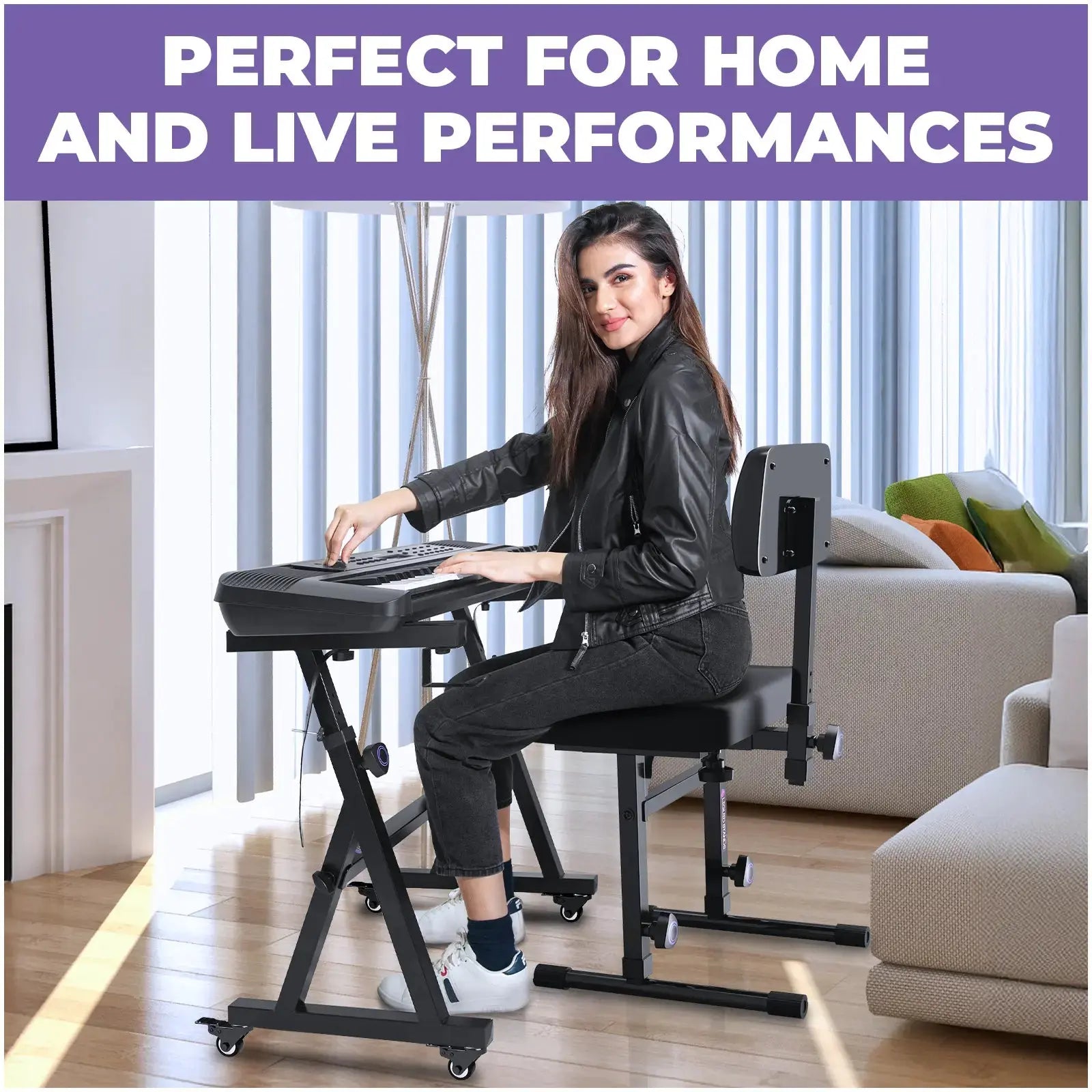 Keyboard Stand w/ Wheels and Adjustable Bench Set Liquid Stands