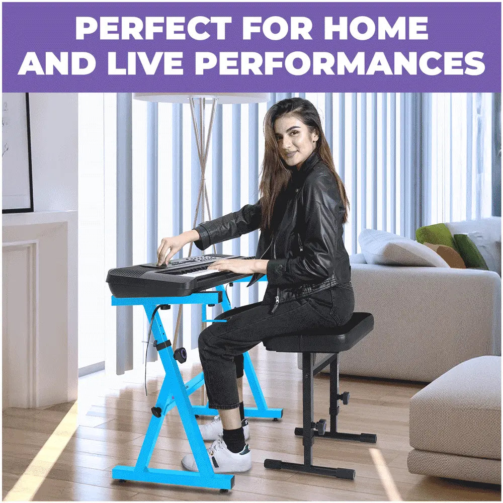 Light Blue Adjustable Z Style Keyboard Stand w/ Mesh Cushion Bench Liquid Stands