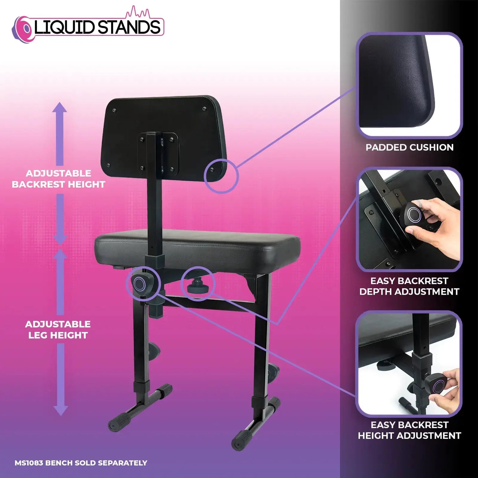 WS Adjustable Backrest for Piano Keyboard Bench Liquid Stands