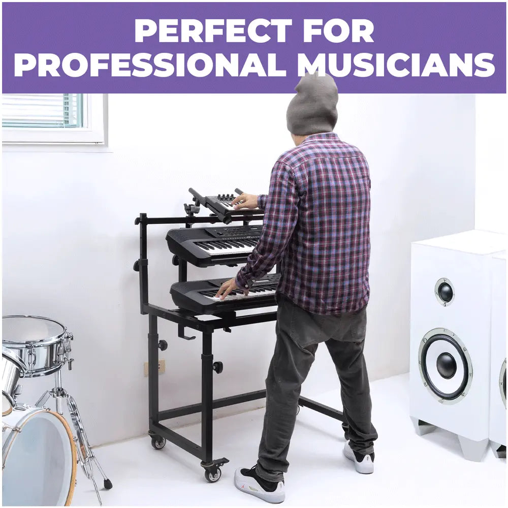 3-Tier Portable Keyboard Workstation with Wheels | 3-tier Keyboard Stand Liquid Stands