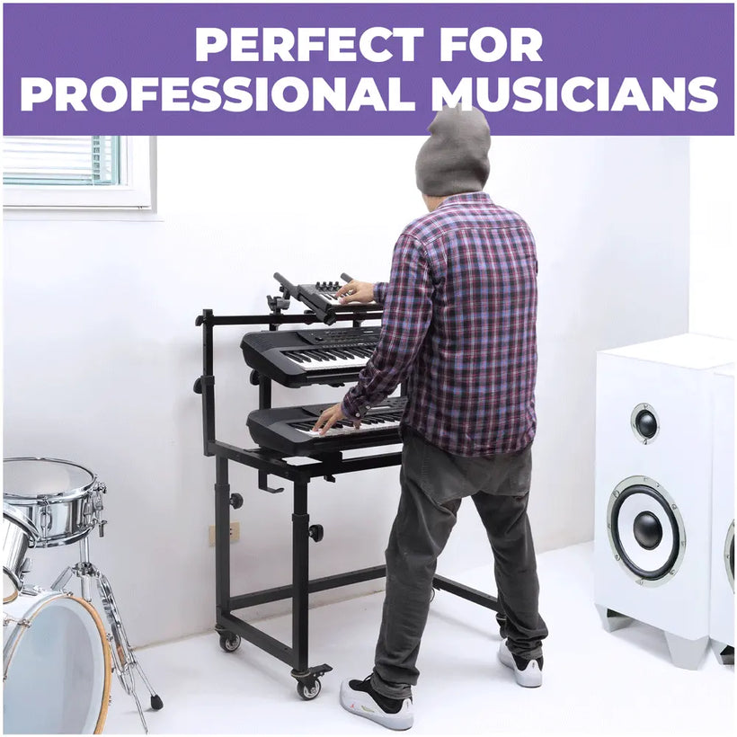 3-Tier Portable Keyboard Workstation with Wheels | 3-tier Keyboard Stand Liquid Stands