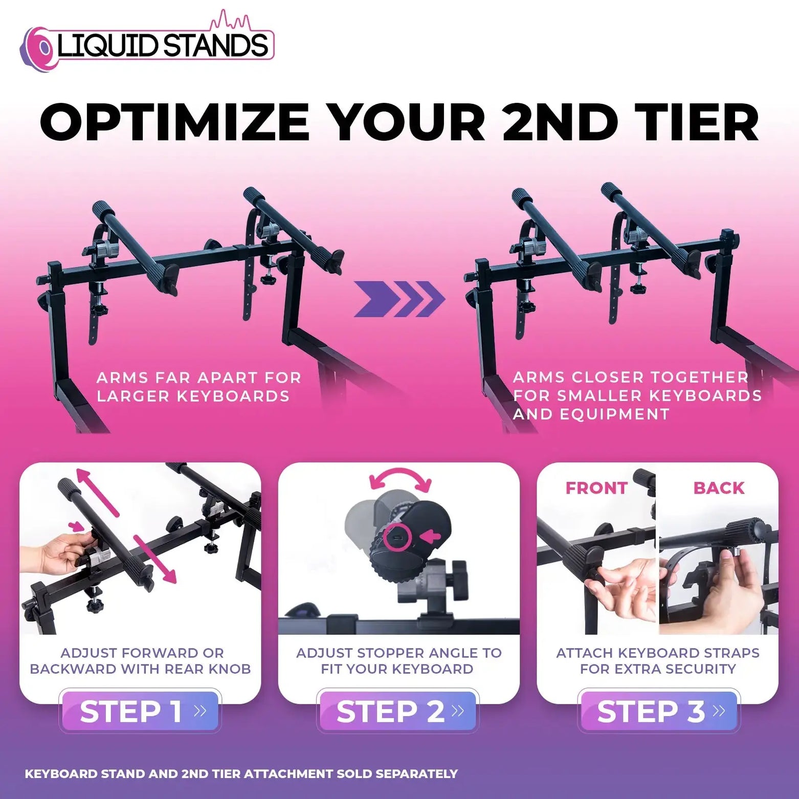 Adjustable 2-Tier Keyboard Stand Extender - Arms Only with Straps