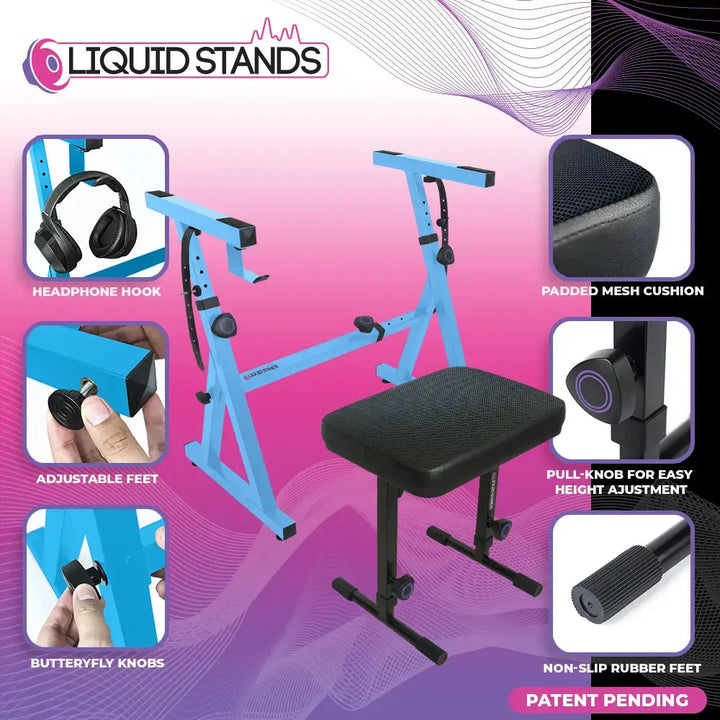 Adjustable Z Shape Light Blue Keyboard Stand w/ Mesh Cushion Bench Liquid Stands